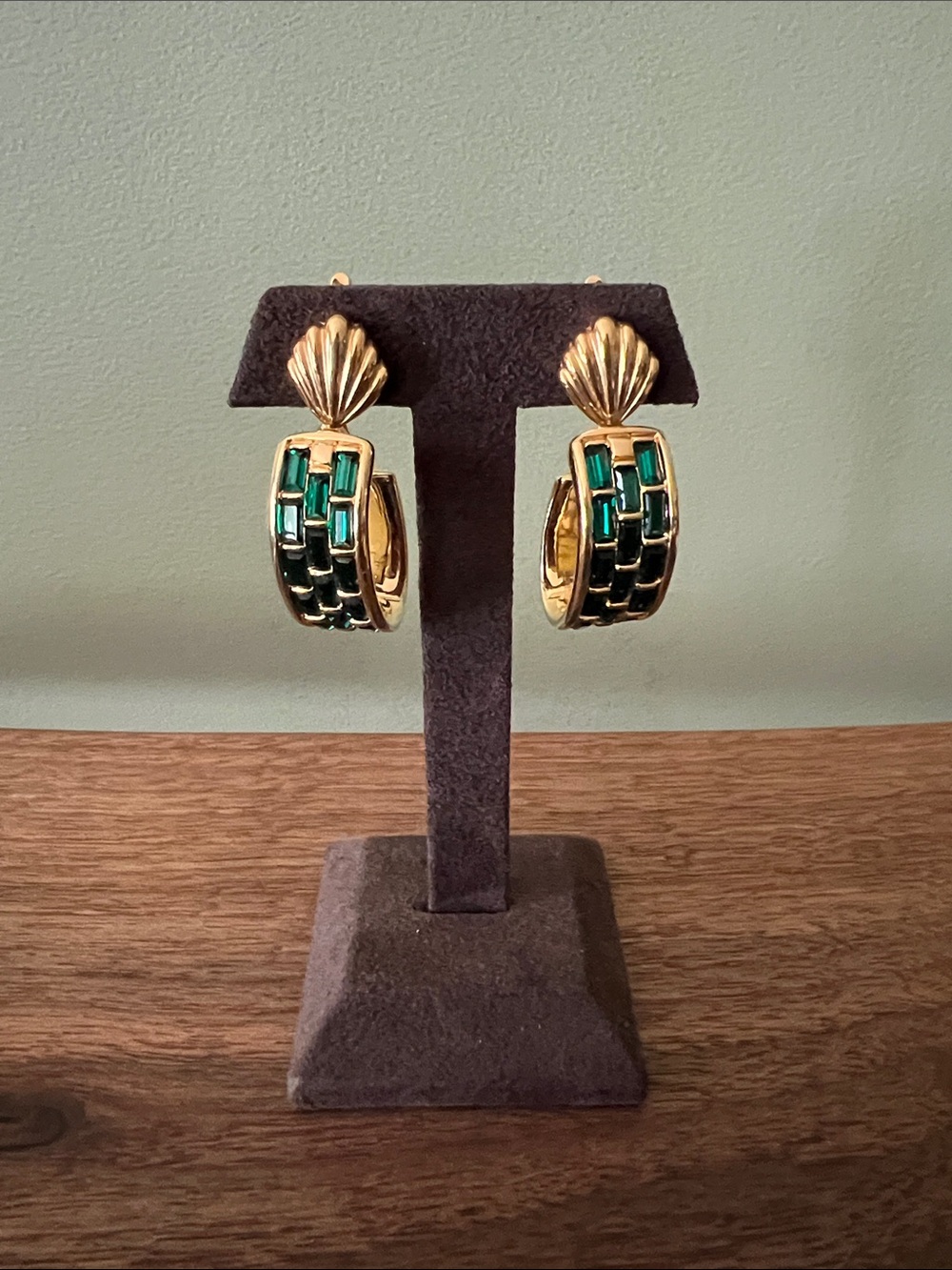 Vintage Trifari Clip On Earrings - Green & Rhinestone Half Hoop Swarovski